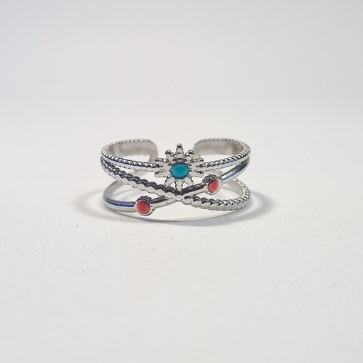Anillo plateado con piedra turquesa y detalles rojos